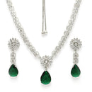 Rhodium Plated Silver Toned Teardrop Shaped Green American Diamond Studded Necklace Set