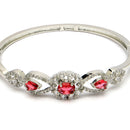 Rhodium Plated Silver Toned Oval & Teardrop Red American Diamond Studded Cuff Bracelet