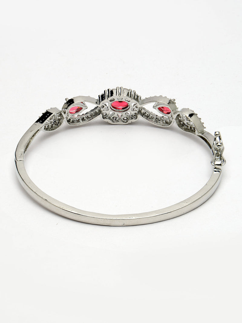Rhodium Plated Silver Toned Oval & Teardrop Red American Diamond Studded Cuff Bracelet