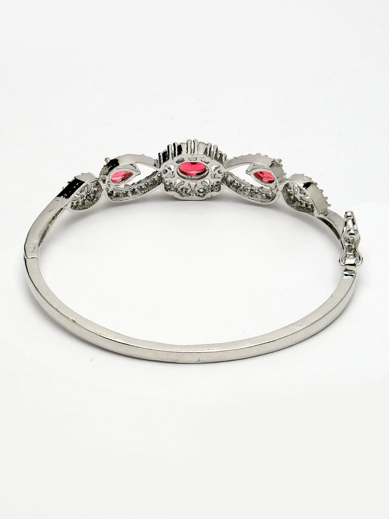 Rhodium Plated Silver Toned Oval & Teardrop Red American Diamond Studded Cuff Bracelet