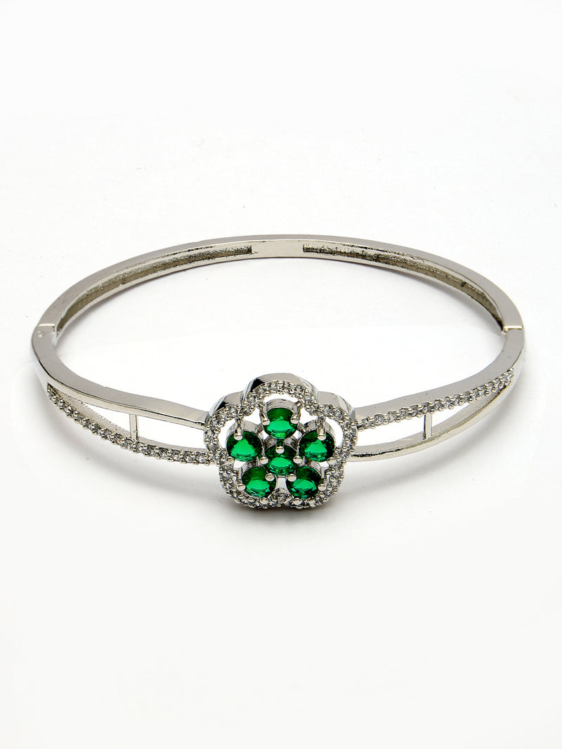 Rhodium Plated Silver Toned Floral Cluster Green American Diamond  Studded Cuff Bracelet