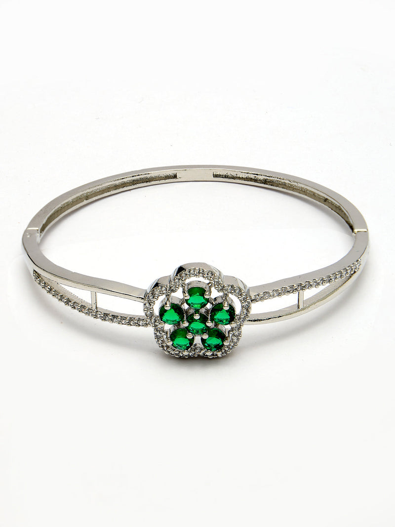 Rhodium Plated Silver Toned Floral Cluster Green American Diamond  Studded Cuff Bracelet