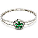 Rhodium Plated Silver Toned Floral Cluster Green American Diamond  Studded Cuff Bracelet