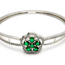Rhodium Plated Silver Toned Floral Cluster Green American Diamond  Studded Cuff Bracelet