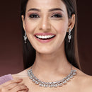 Rhodium Plated Silver Toned with Delicate Floral & White American Diamond Stone Studded Jewellery Set