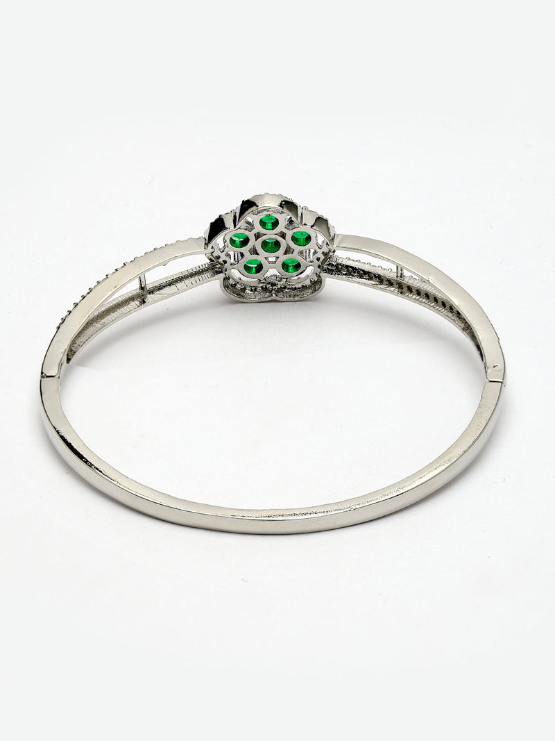 Rhodium Plated Silver Toned Floral Cluster Green American Diamond  Studded Cuff Bracelet