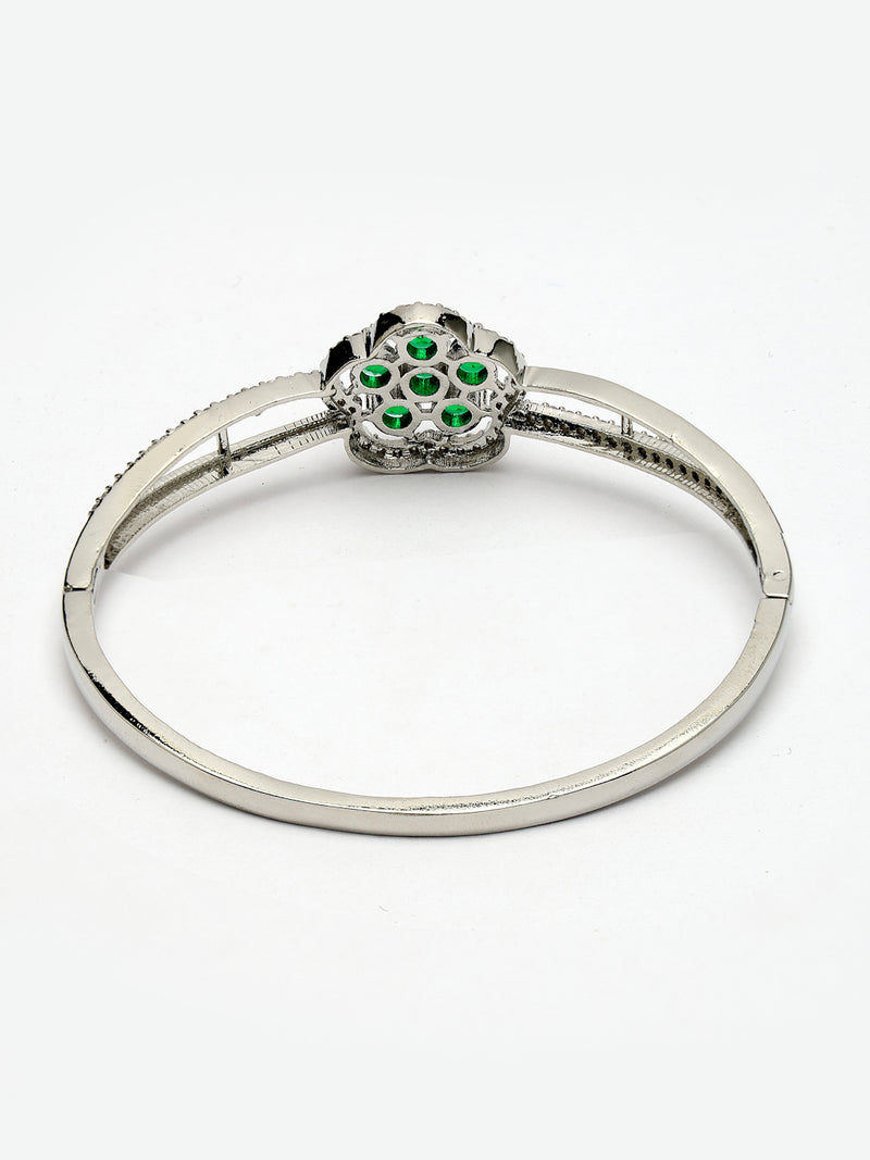 Rhodium Plated Silver Toned Floral Cluster Green American Diamond  Studded Cuff Bracelet