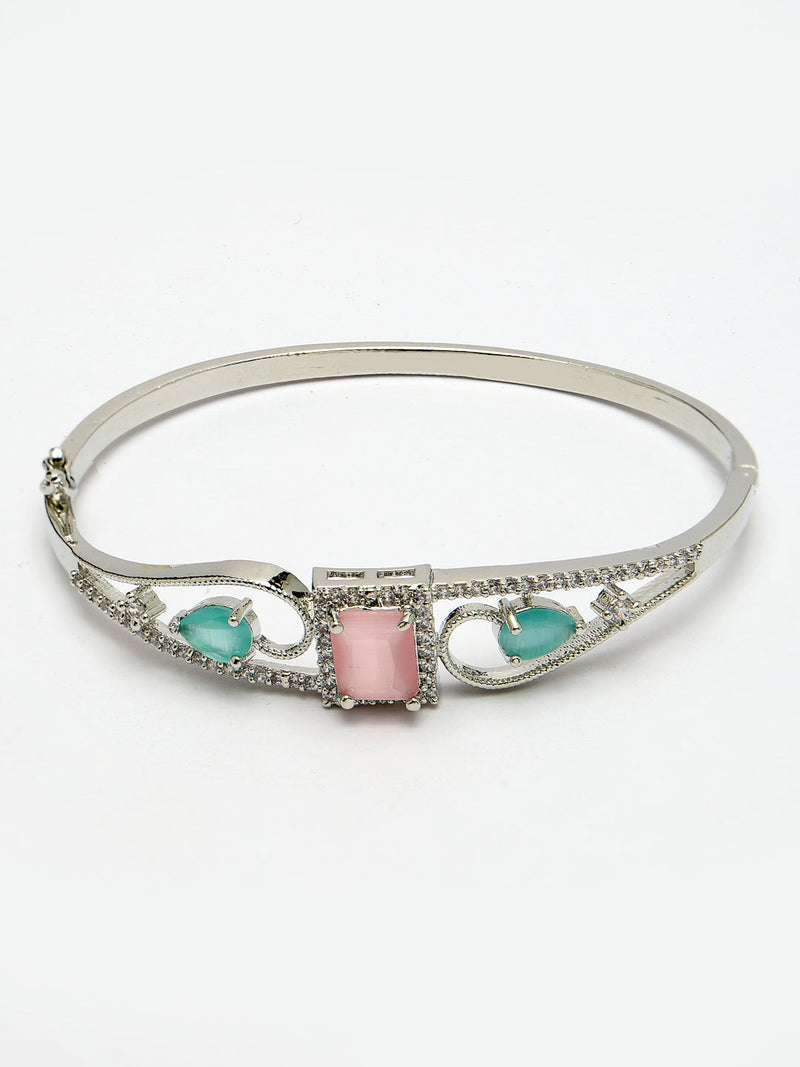 Rhodium Plated Silver Toned Pink Square & Mint Green Teardrop American Diamond Studded Cuff Bracelet