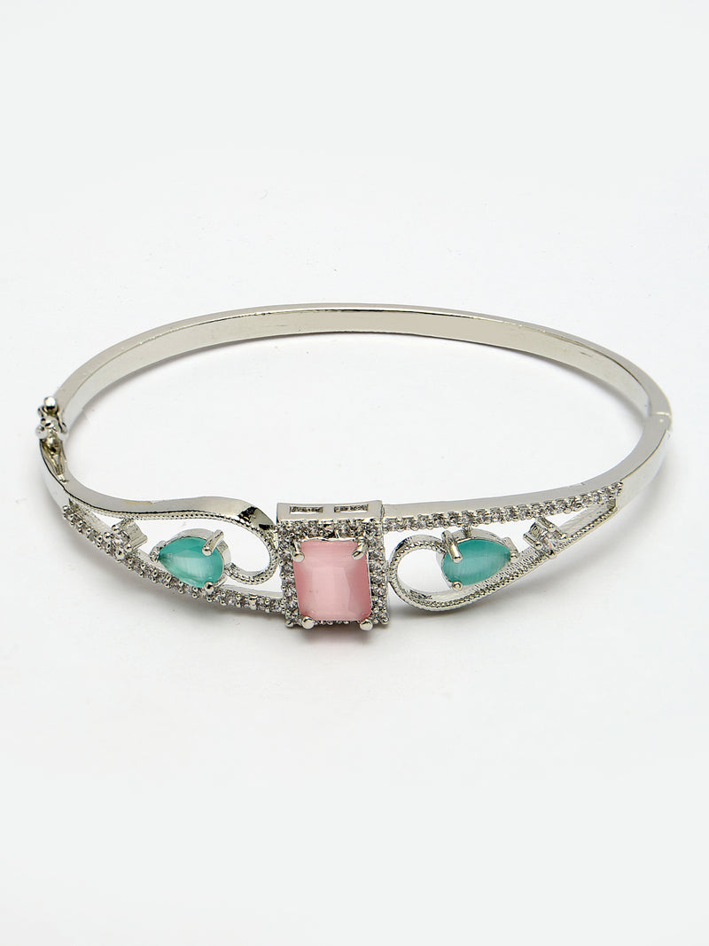 Rhodium Plated Silver Toned Pink Square & Mint Green Teardrop American Diamond Studded Cuff Bracelet
