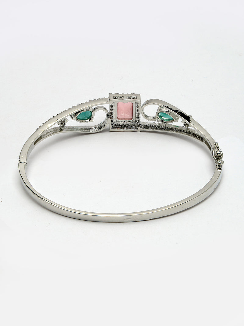 Rhodium Plated Silver Toned Pink Square & Mint Green Teardrop American Diamond Studded Cuff Bracelet