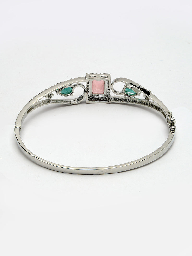 Rhodium Plated Silver Toned Pink Square & Mint Green Teardrop American Diamond Studded Cuff Bracelet