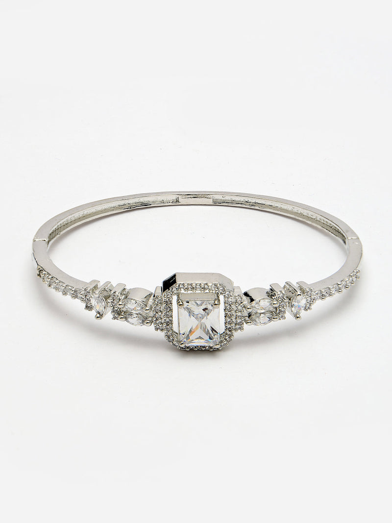 Rhodium Plated Silver Toned White Rectangle American Diamond Studded Cuff Bracelet