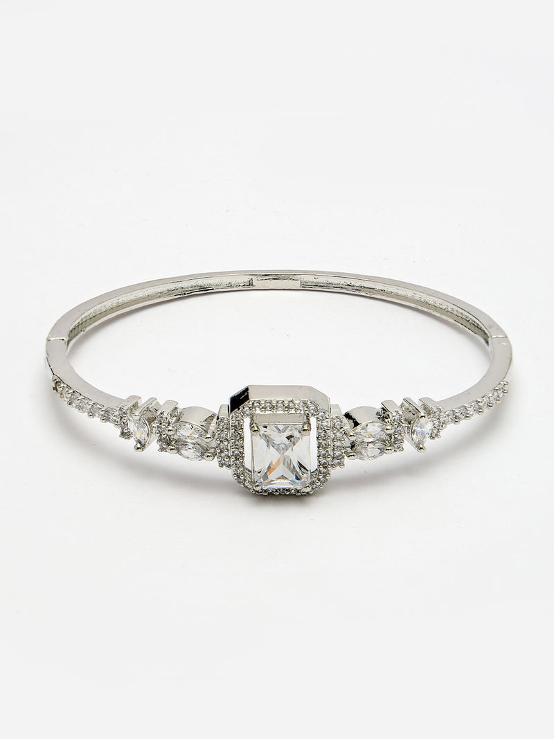 Rhodium Plated Silver Toned White Rectangle American Diamond Studded Cuff Bracelet