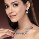Rhodium Plated Silver Toned with Delicate Floral & White American Diamond Stone Studded Jewellery Set