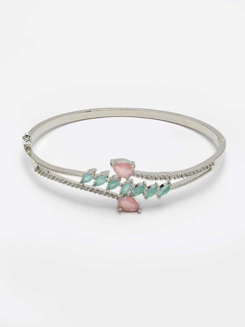 Rhodium Plated Silver Toned  Leaf Design Mint Green & Pink Teardrop American Diamond Studded Cuff Bracelet
