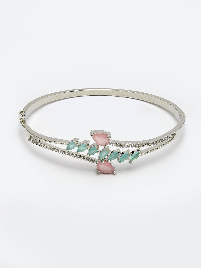Rhodium Plated Silver Toned  Leaf Design Mint Green & Pink Teardrop American Diamond Studded Cuff Bracelet