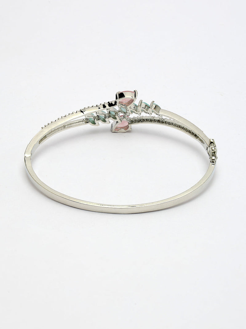Rhodium Plated Silver Toned  Leaf Design Mint Green & Pink Teardrop American Diamond Studded Cuff Bracelet