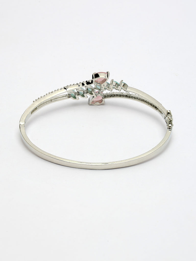 Rhodium Plated Silver Toned  Leaf Design Mint Green & Pink Teardrop American Diamond Studded Cuff Bracelet