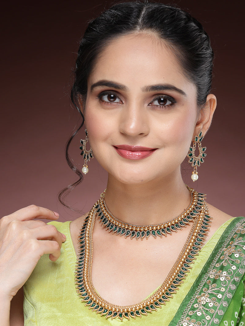 Gold Plated with Priyaasi Floral Kemp Design & Green Stone Studded Necklace Set