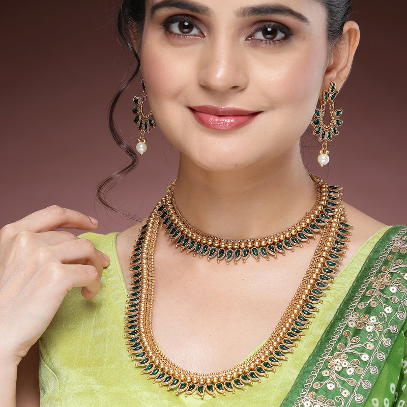 Gold Plated with Priyaasi Floral Kemp Design & Green Stone Studded Necklace Set