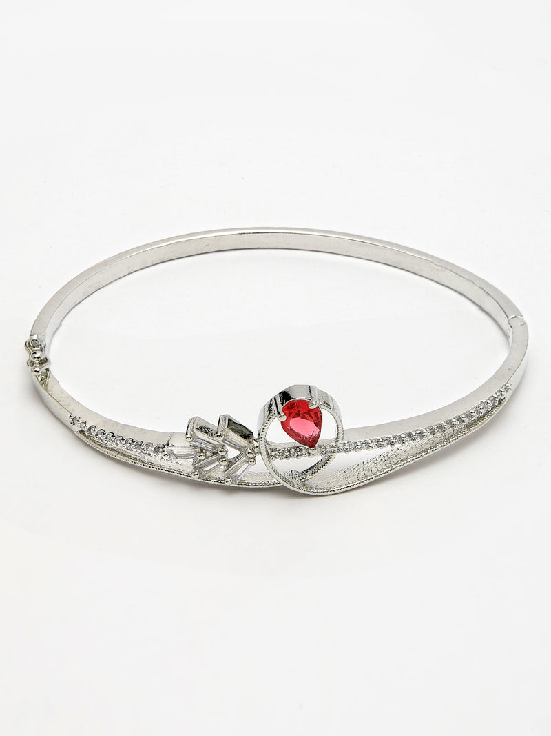 Rhodium Plated Silver Toned Red Teardrop  American Diamond Studded Cuff Bracelet