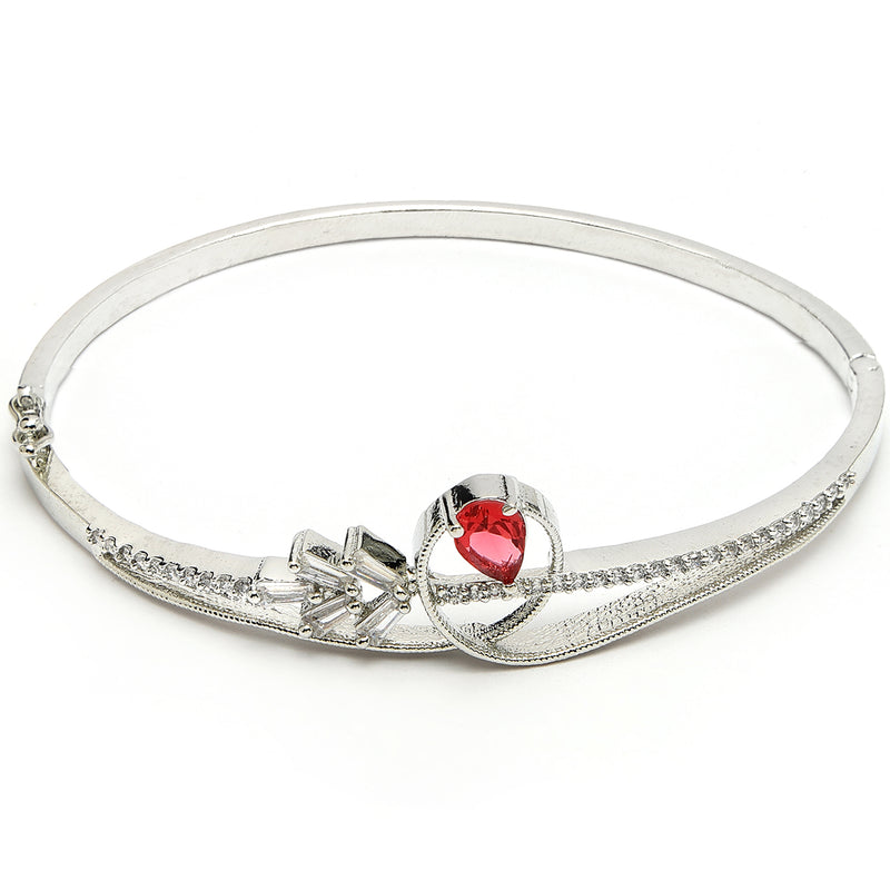 Rhodium Plated Silver Toned Red Teardrop  American Diamond Studded Cuff Bracelet