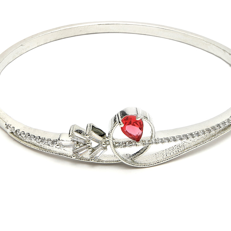 Rhodium Plated Silver Toned Red Teardrop  American Diamond Studded Cuff Bracelet