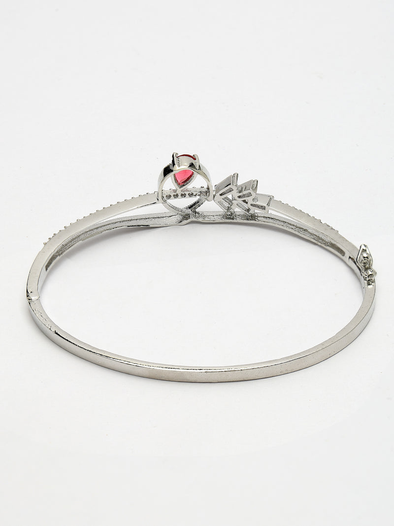 Rhodium Plated Silver Toned Red Teardrop  American Diamond Studded Cuff Bracelet