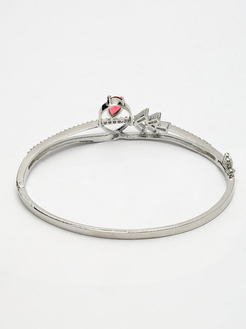 Rhodium Plated Silver Toned Red Teardrop  American Diamond Studded Cuff Bracelet