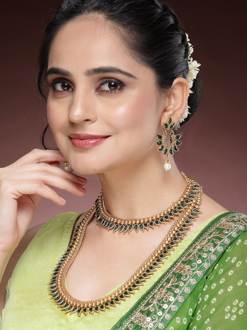 Gold Plated with Priyaasi Floral Kemp Design & Green Stone Studded Necklace Set