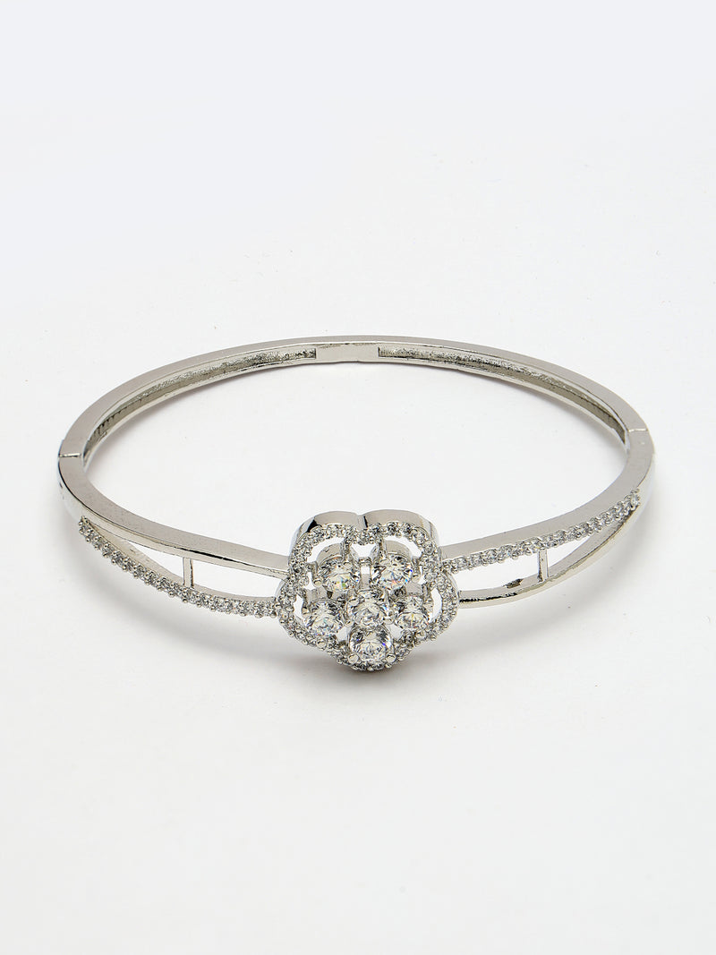 Rhodium Plated Silver Toned Floral Cluster Round White AD Studded Cuff Bracelet