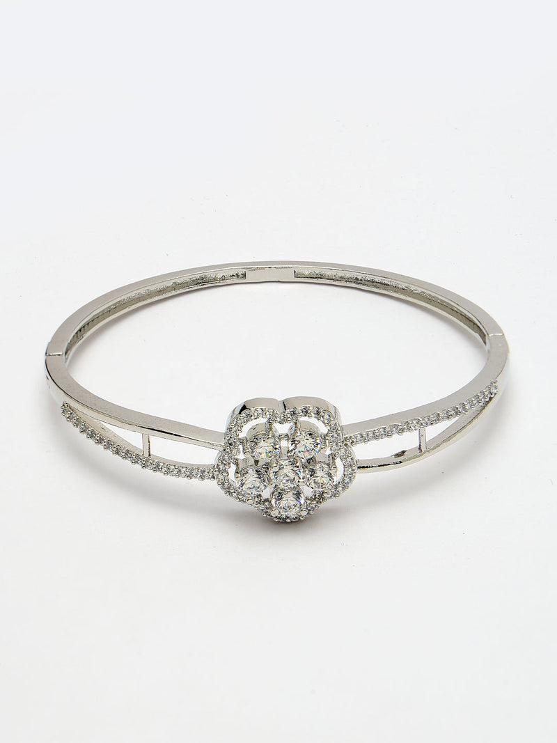 Rhodium Plated Silver Toned Floral Cluster Round White AD Studded Cuff Bracelet