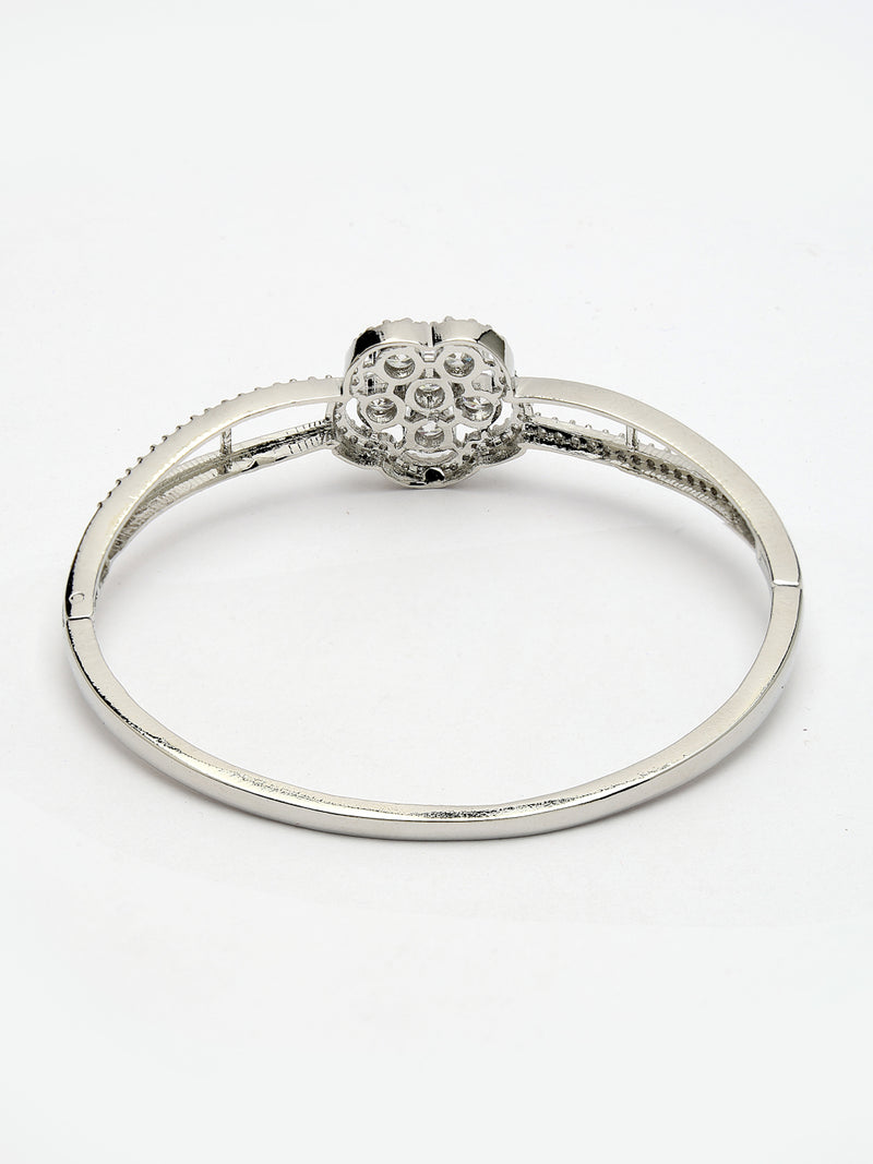Rhodium Plated Silver Toned Floral Cluster Round White AD Studded Cuff Bracelet