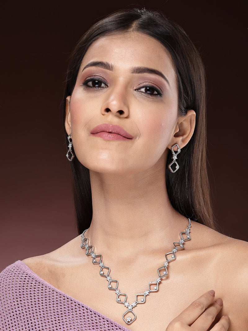 Rhodium Plated with Square Star Design & White American Diamond Stone Studded Jewellery Set