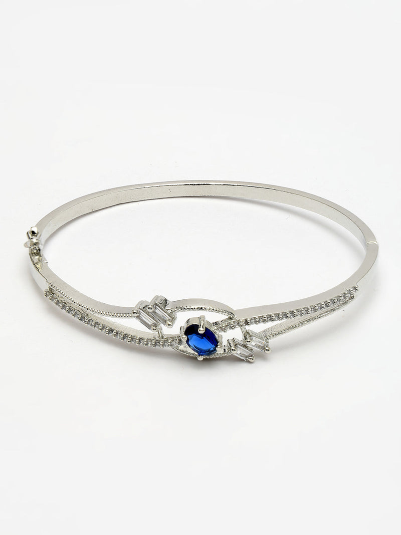 Rhodium Plated Silver Toned Blue Oval American Diamond Studded Cuff Bracelet