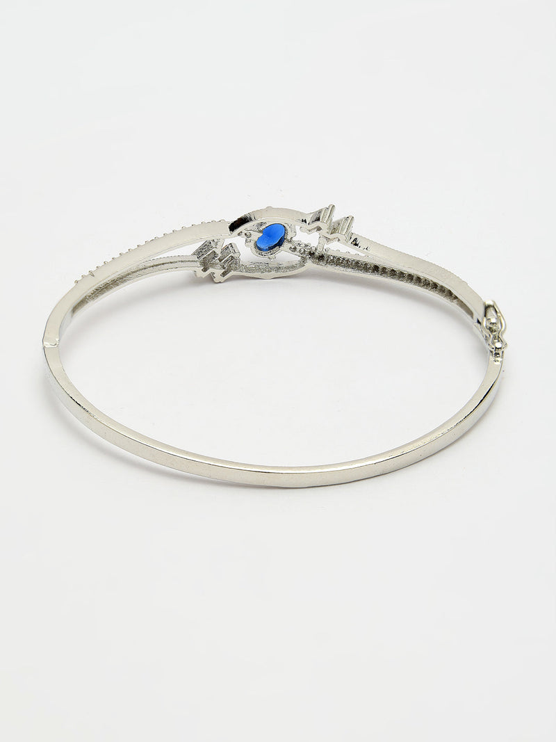 Rhodium Plated Silver Toned Blue Oval American Diamond Studded Cuff Bracelet