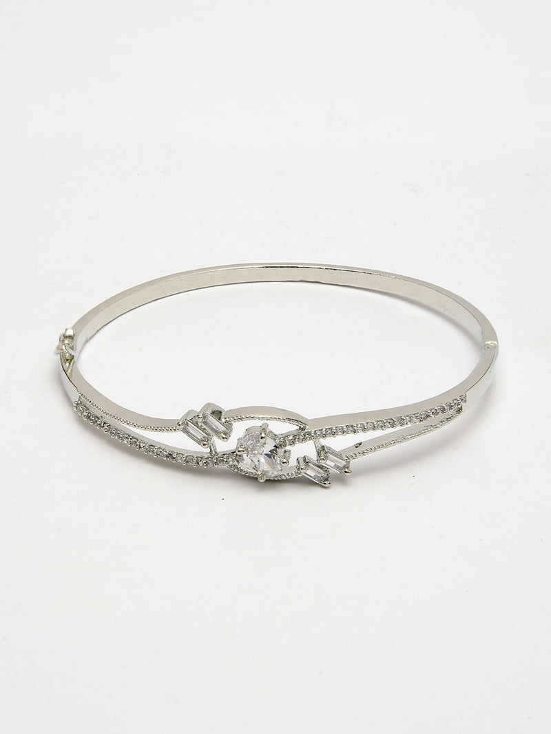 Rhodium Plated Silver Toned White Oval American Diamond Studded Cuff Bracelet