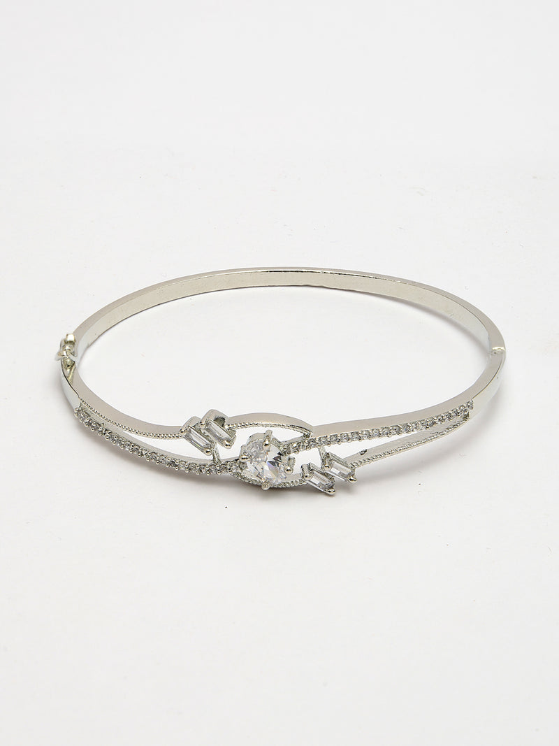 Rhodium Plated Silver Toned White Oval American Diamond Studded Cuff Bracelet
