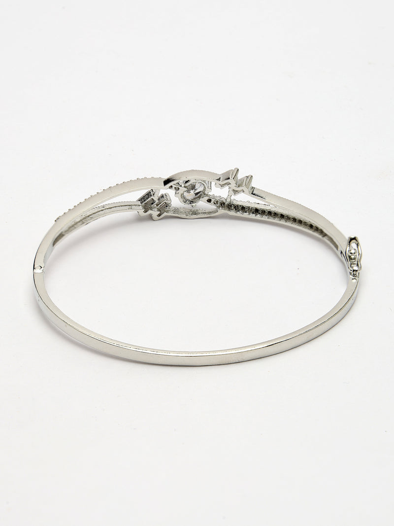 Rhodium Plated Silver Toned White Oval American Diamond Studded Cuff Bracelet