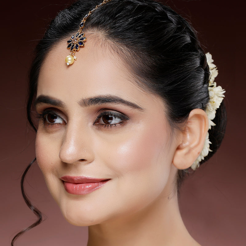 Gold Plated Blue Pearl Studded Maang Tikka