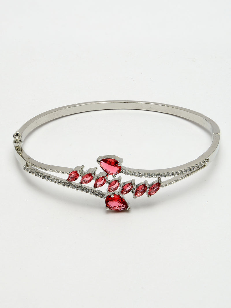 Rhodium Plated Silver Toned  Leaf Design Red Teardrop American Diamond Studded Cuff Bracelet