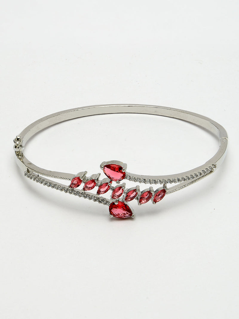 Rhodium Plated Silver Toned  Leaf Design Red Teardrop American Diamond Studded Cuff Bracelet
