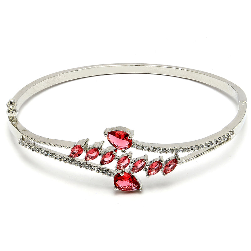 Rhodium Plated Silver Toned  Leaf Design Red Teardrop American Diamond Studded Cuff Bracelet