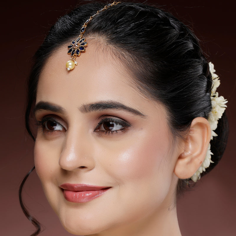 Gold Plated Blue Pearl Studded Maang Tikka