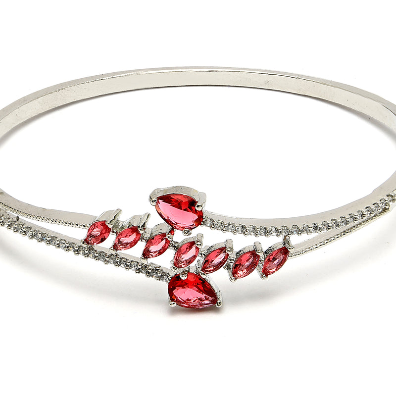 Rhodium Plated Silver Toned  Leaf Design Red Teardrop American Diamond Studded Cuff Bracelet