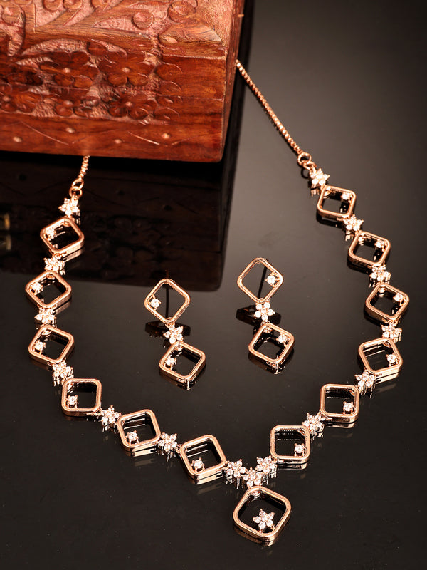 Rose Gold Plated with Square Blossom Design & White AD Stone Studded Necklace Set