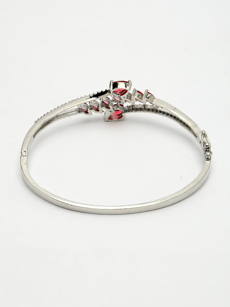 Rhodium Plated Silver Toned  Leaf Design Red Teardrop American Diamond Studded Cuff Bracelet