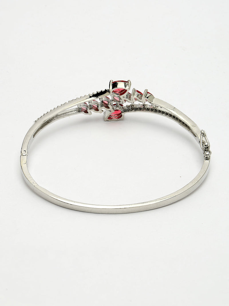 Rhodium Plated Silver Toned  Leaf Design Red Teardrop American Diamond Studded Cuff Bracelet
