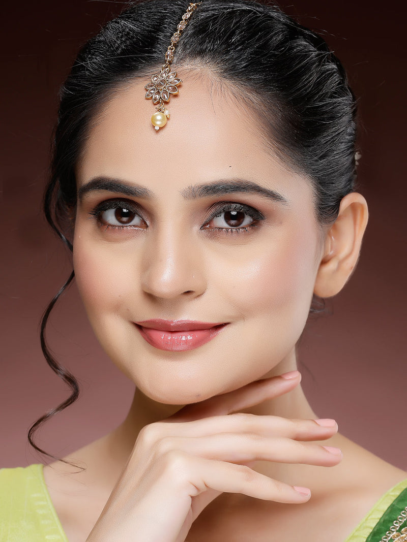 Gold Plated White Pearl Studded Maang Tikka