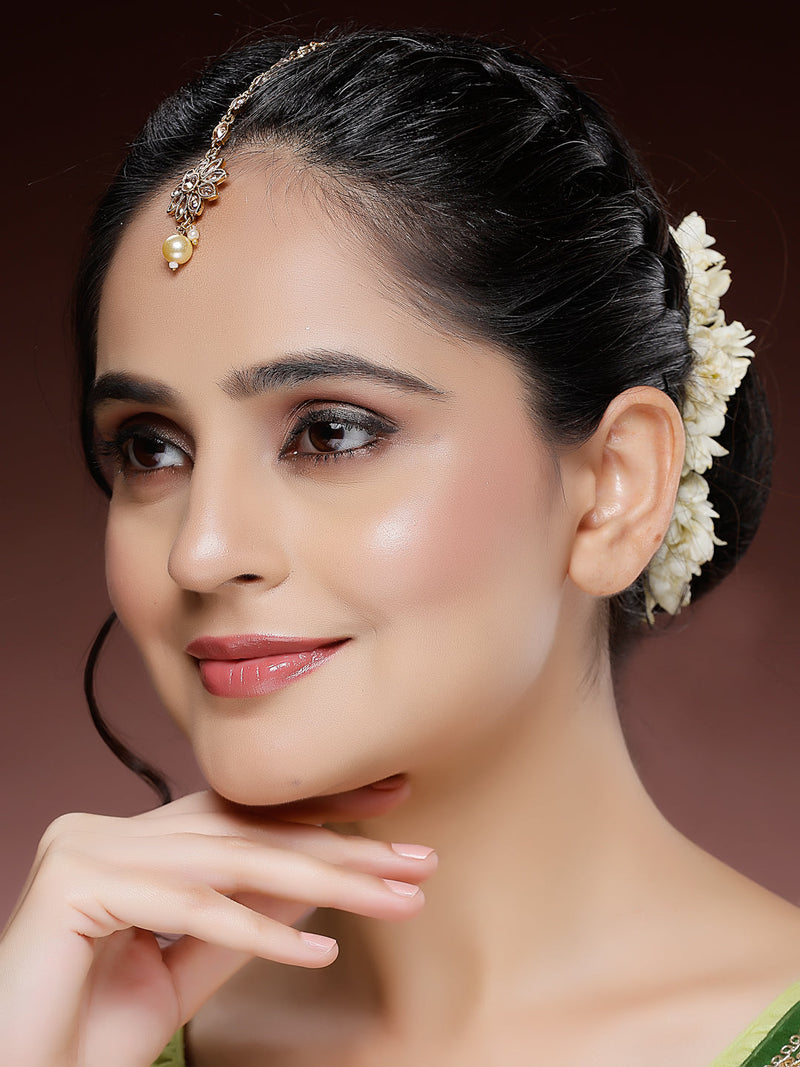 Gold Plated White Pearl Studded Maang Tikka